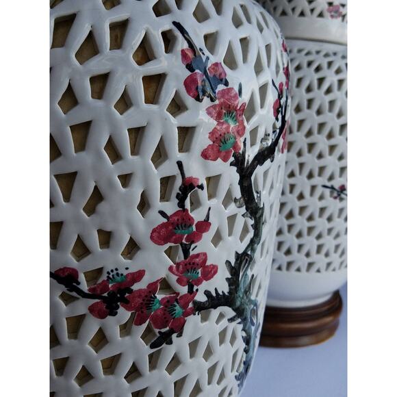 Chinese Porcelain Cherry Blossom Blanc de Chine Pierced Table Lamp Base - Picture 4 of 10